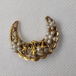 Vintage Filagree Crescent Moon Gold Tone With Faux Pearl Accents